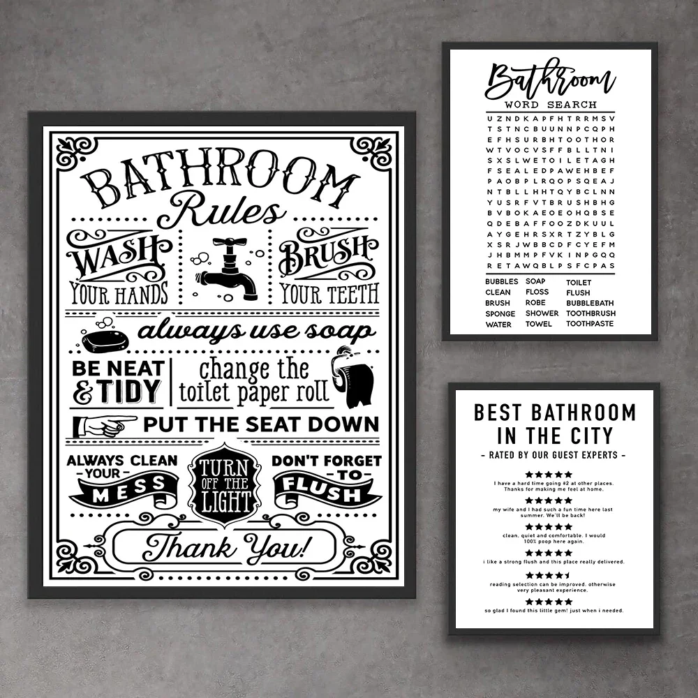 

Funny Bathroom Rules Signs Canvas Poster Word Search Wall Art Quote Painting Best Toliet Print Modern Humour Picture Home Decor
