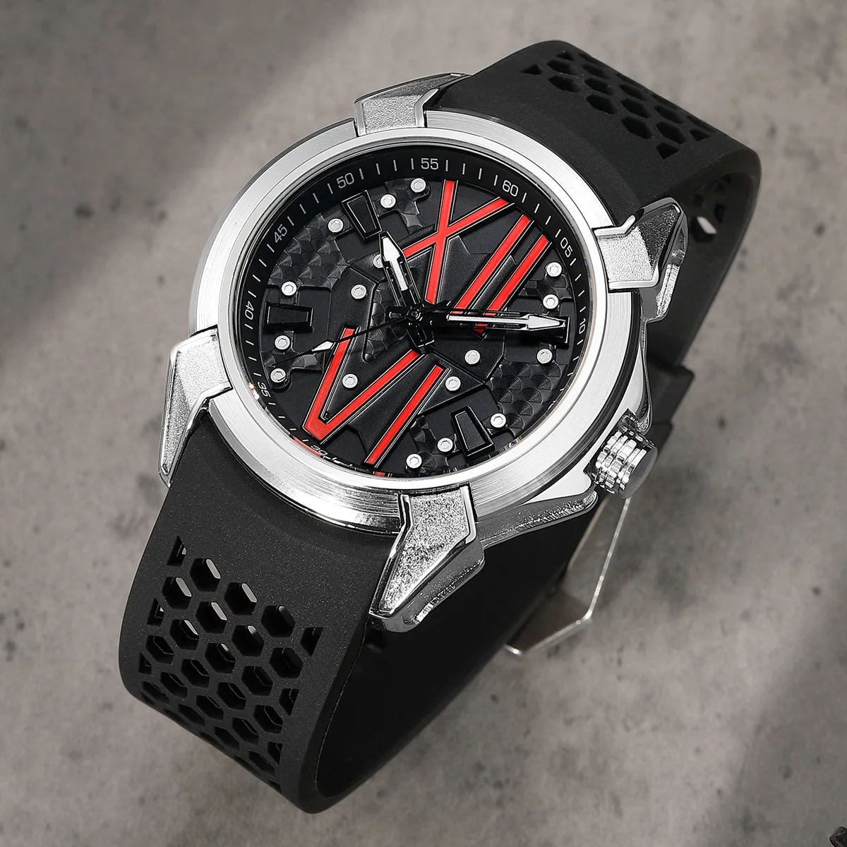 

Luxury Men Black Red Sports Watch Silicone Strap Rubber Band Reloj Male Quartz Wristwatch Conceptual Man Luminous Hands Clock