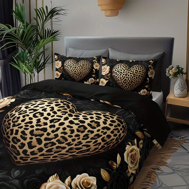 2/3Pcs Leopard Print Heart Rose Duvet Cover Set, HD Luxury Vintage Style Bedding with Pillowcases, All Season Home Dorm Decor