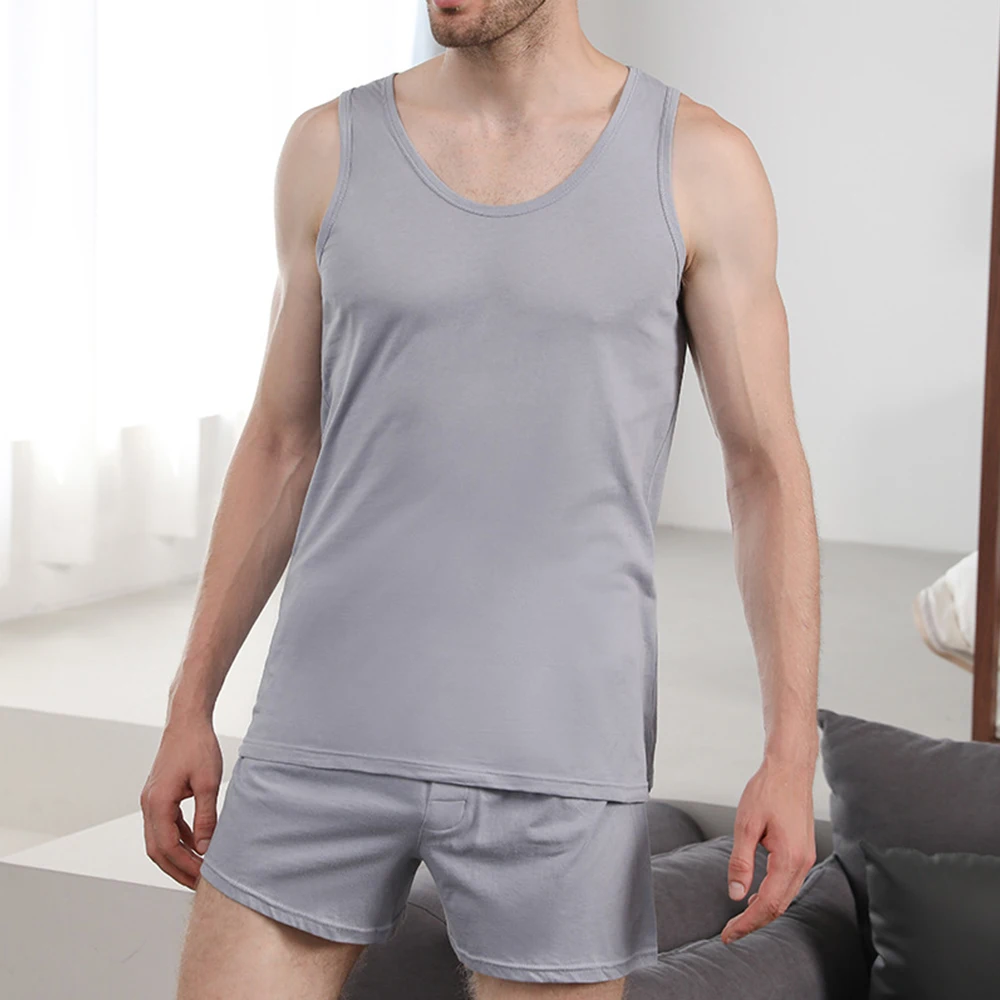 Men Cotton Pajamas Set Sleeveless Vest Shorts Sleepwear Loungewear Nightwear Mens Streetwear Leisure Summer Two Piece Tops Short