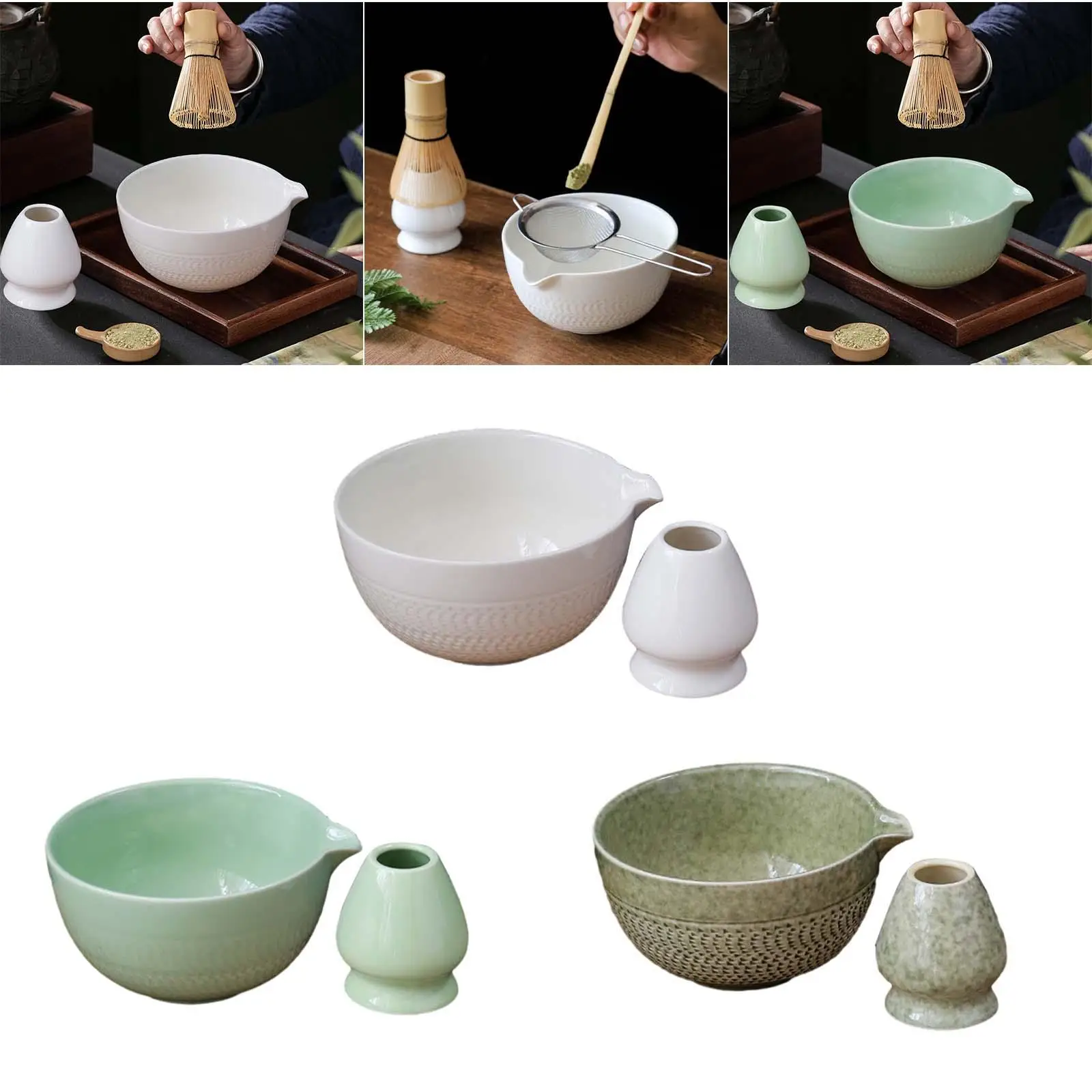 2 Pieces Ceramic Matcha Bowls and Whisk Holder Traditional Portable Handmade Matcha Ceremony for Table Party Office Holiday Home