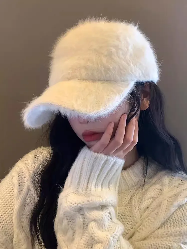 Rabbit Hair Baseball Hat Winter New Solid Color Warm Duck Tongue Hat Women's Autumn and Winter Plush Cold and Sunshade Hat