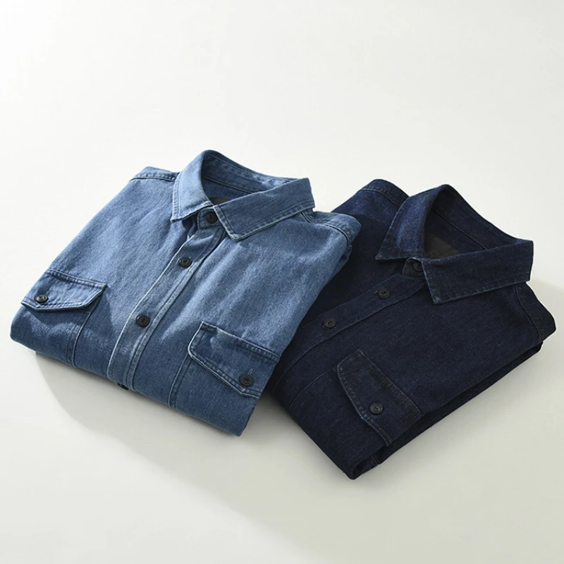 Denim Cotton Long Sleeve Shirts for Men Clothing Casual Turn-down Collar Soft White Shirt