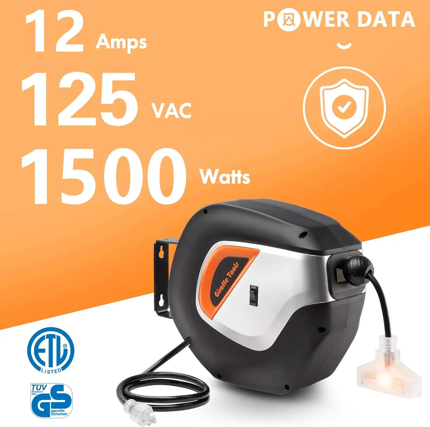 Giraffe Tools Retractable Power Cord Reel, 50ft 12AWG/3C SJT Heavy Duty Extension Cord Storage Reel Wall/Ceiling Mount 4
