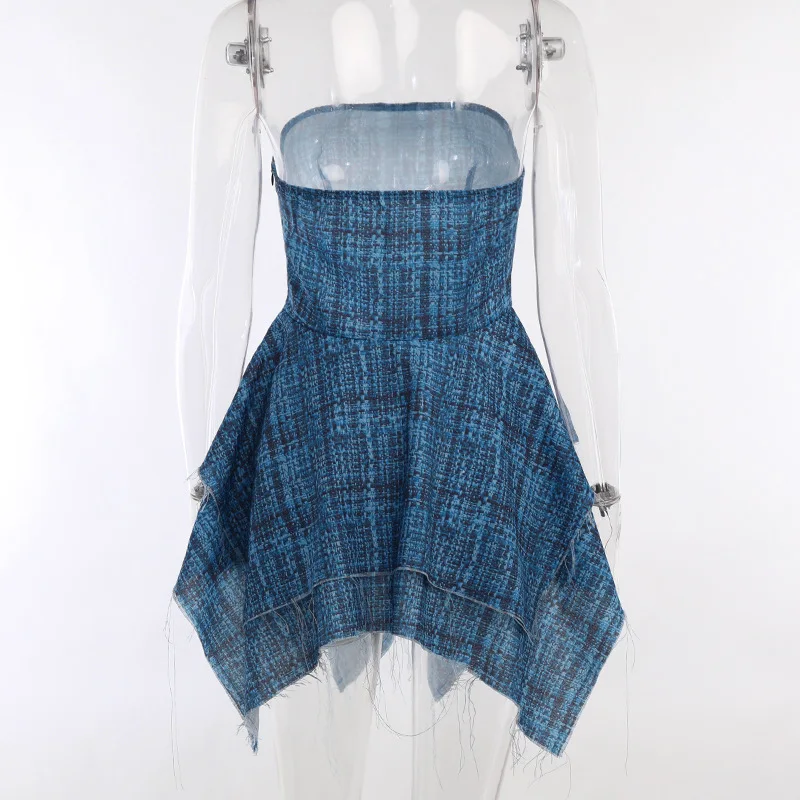 Women's Blue Plaid Asymmetrical Summer Dress, Sexy Strapless Short Dresses,  Club Wear Outfits, Fashion - AliExpress
