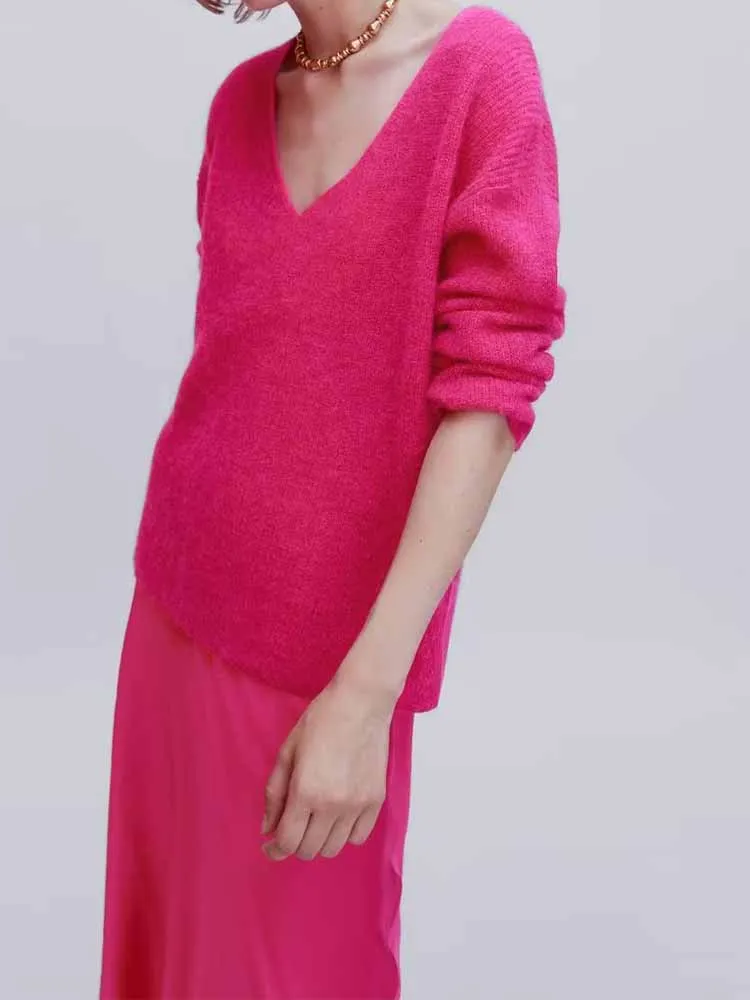 

Women 2023 New Fashion Casual V Neck Solid loose Knitted Sweater Vintage Long Sleeve Female Pullovers Chic Tops
