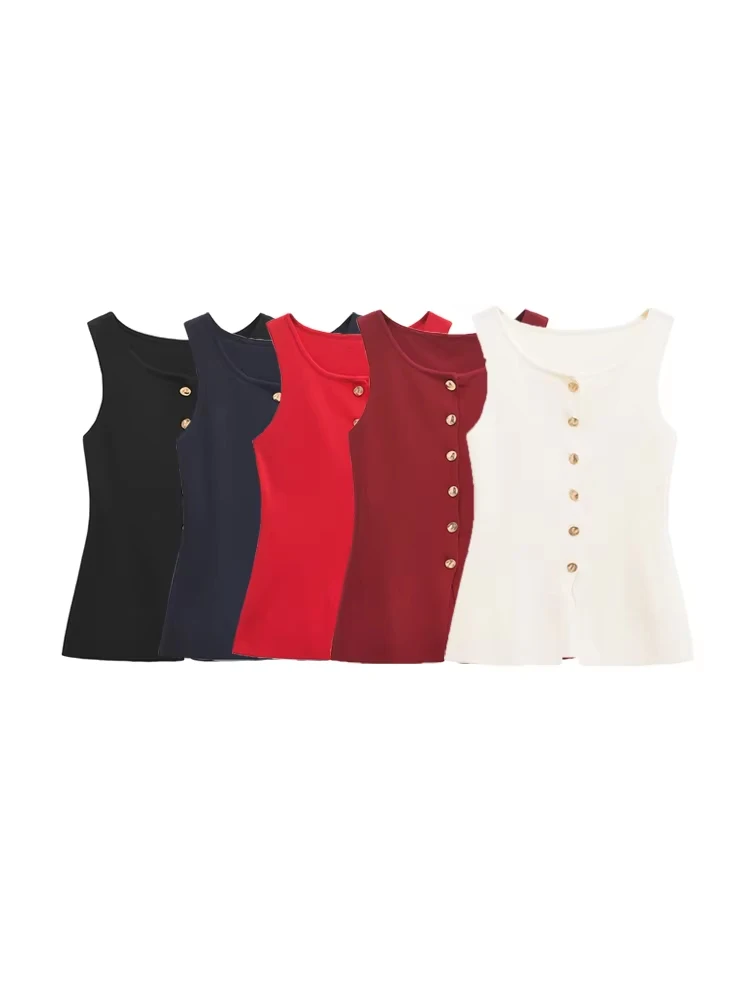 Women's Sleeveless Knitted Vest with Golden Buttons