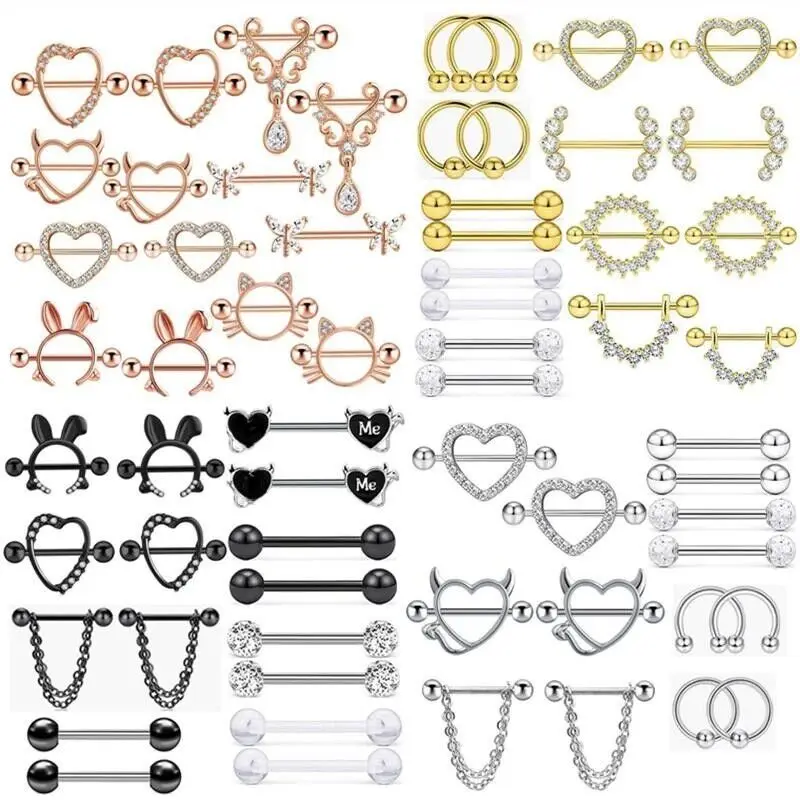 Stainless Steel Heart Nipple Piercing Set Jewelry Flower Nipple Barbell Pack Crystal Ring Lot Sexy Body Piercing
