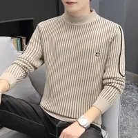 Fashion Stand Collar Spliced Embroidery Striped Sweaters Men's Clothing 2023 Winter Loose Knitted Casual Pullovers Korean Tops 1