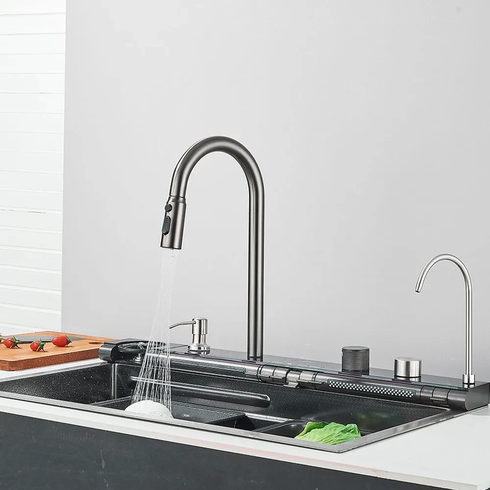 304 Stainless Steel Kitchen Waterfall Sink Digital Display Large Single Sink Dish Basin Multifunction Touch Waterfall kitchen accessories kitchen sink