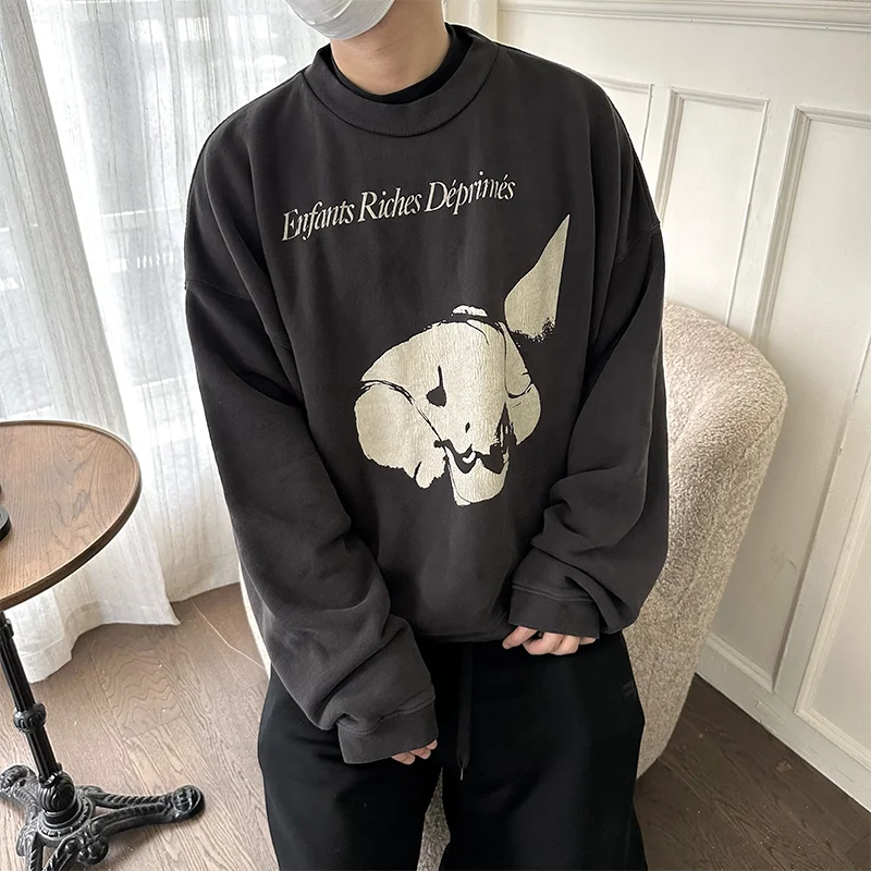 

2024 New Spring Summer Distressed Washed Human Face Print Short Boxy Crewneck Sweatshirt High Quality Unisex Luxury Brand