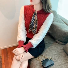 

Mesh Sleeve Sweater Women's Fake Two Pieces O Neck Stitching Shirt Collar Scarf Pullover Sweater Camisas De Mujer Shirts