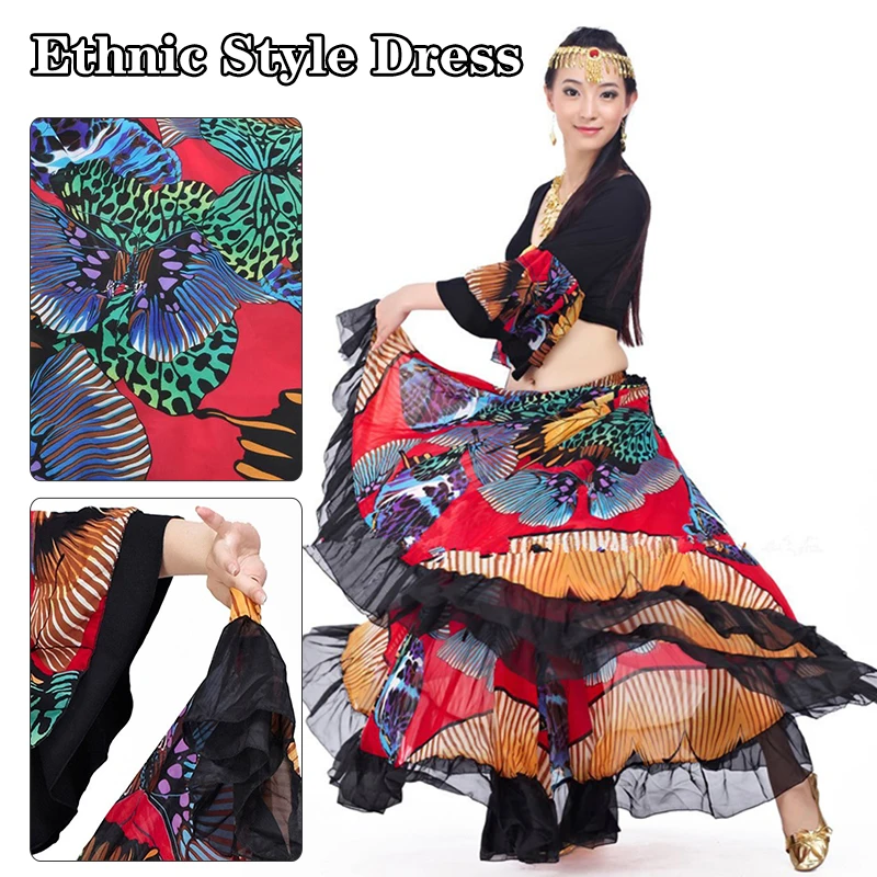 

Butterfly Print Women Belly Dance Skirt Tops 720 Degree Big Swing Gypsy Long Skirts Belly Dance Costume Dancer Practice Wear