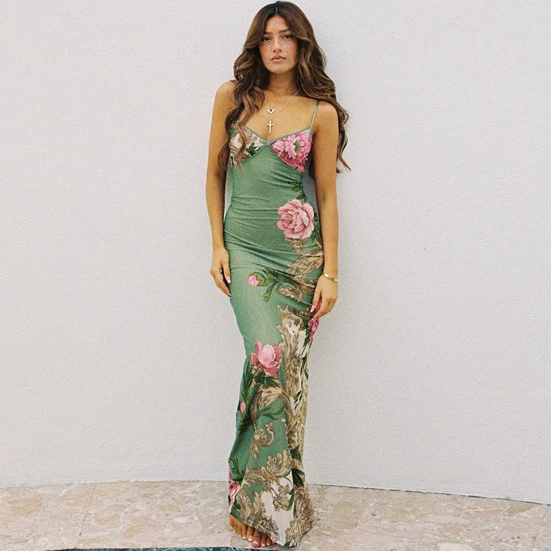 

Suspender Strap V-neck Printed Long Dress Sexy Slim Fitting Dress Women Sweet Elegant Bodycon Vacation Spicy Girl Backless Dress