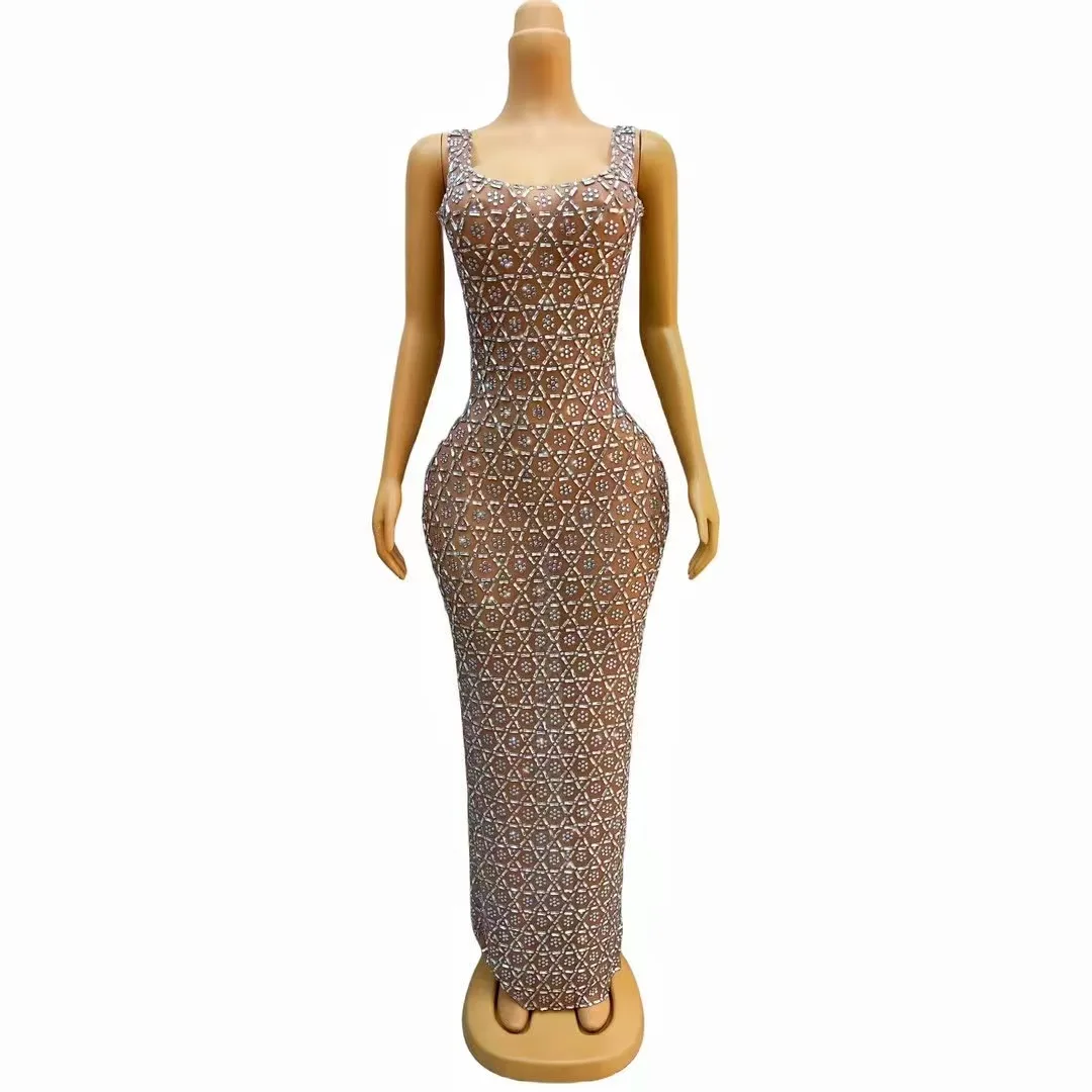 

Роскошное серебряное женское длинное платье для дня рождения, Звездный певец, прозрачный костюм для сцены, подиума, Liujiaoqun