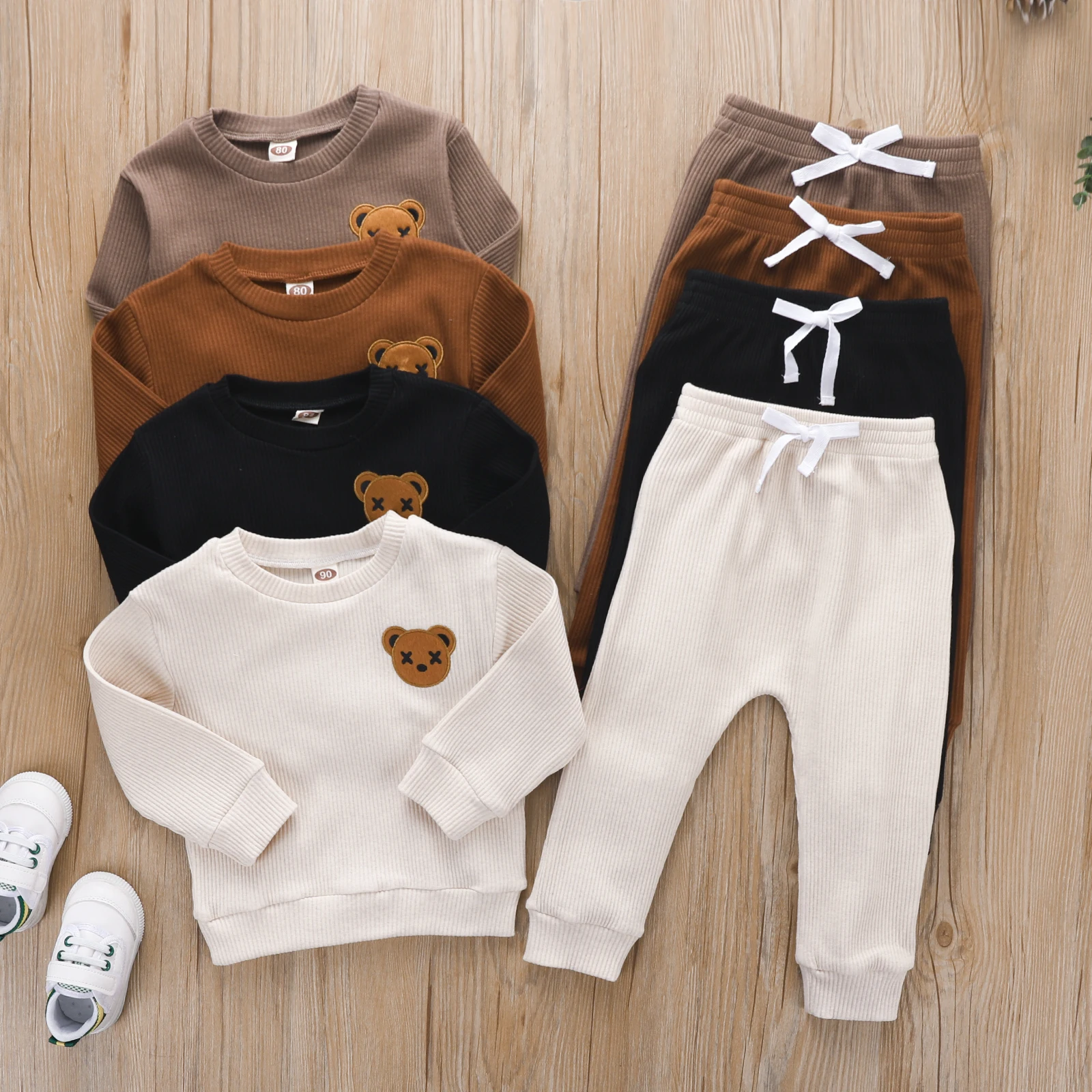 -06-02 Lioraitiin 0-4Years Little Toddler Boy Round Neck Long Sleeve Embroidered Bear Patch Tops Elastic Waist Long Pant