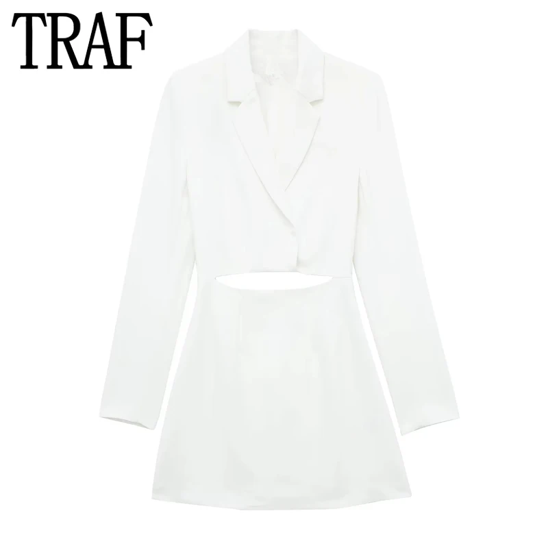 Traf Cut Out Blazer Dress Donna Off White Abiti Corti Per Le Donne Office Mini Dress 2024 Abiti Eleganti Formali A Maniche Lunghe