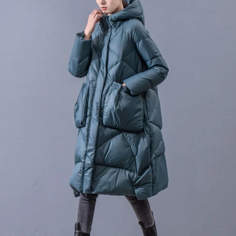 2023 New Women Down Jacket Winter Coat Long-style Large Size Loose  Parkas Literary Retro Skirt Thicken Outwear Hooded Overcoat