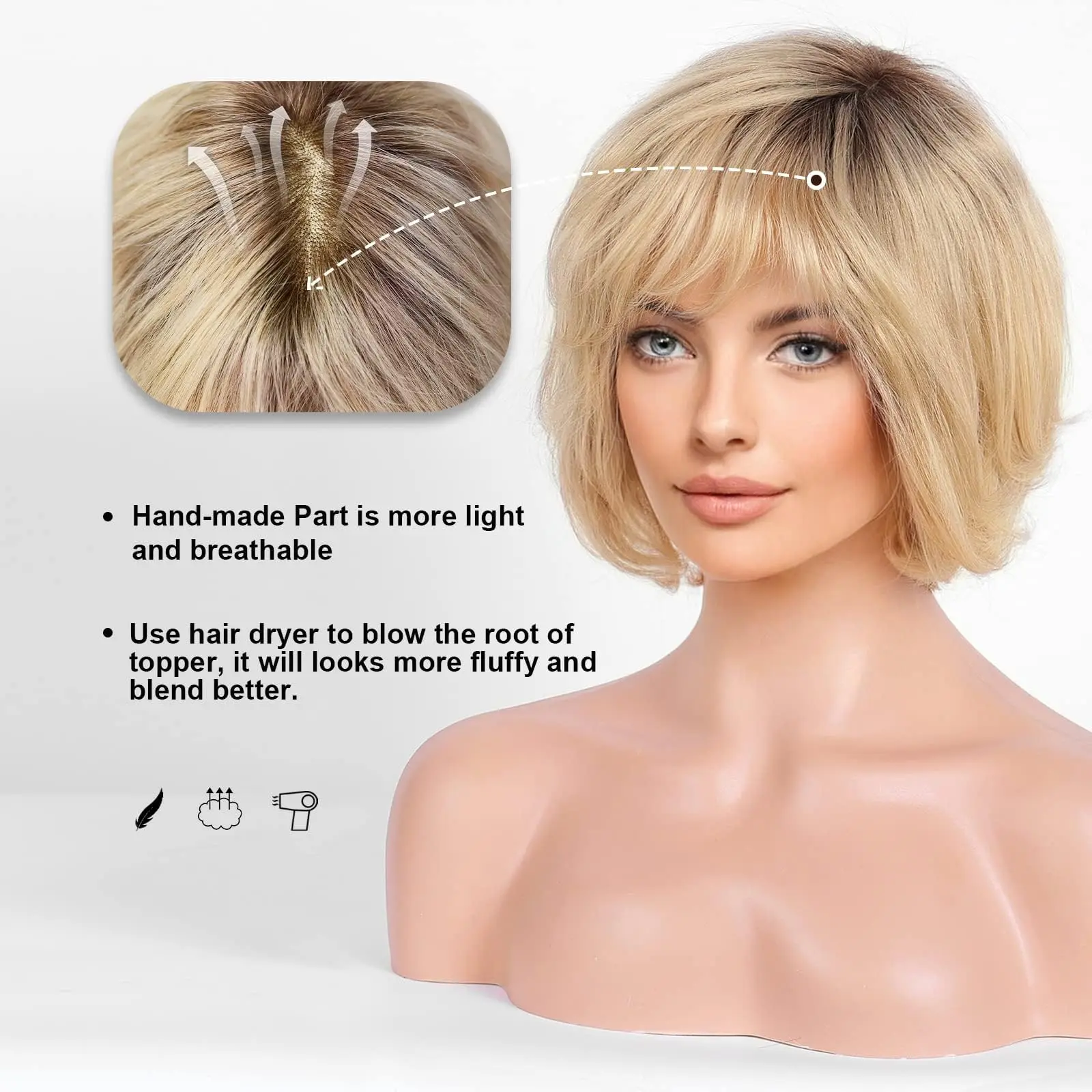 Human Hair Transparent Lace Front Wigs Light Golden Blonde Remy Human Hair Wig with Bangs Dark Root Short Wavy Bob Wig for Women Human Hair Wigs