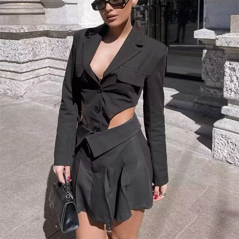 

Woman Sexy Black Waist Hollow Out Blazer Suit 2023 Spring Female Fashion Slim Irregular Blazers Sets Girls Cool Mini Skirt Suits