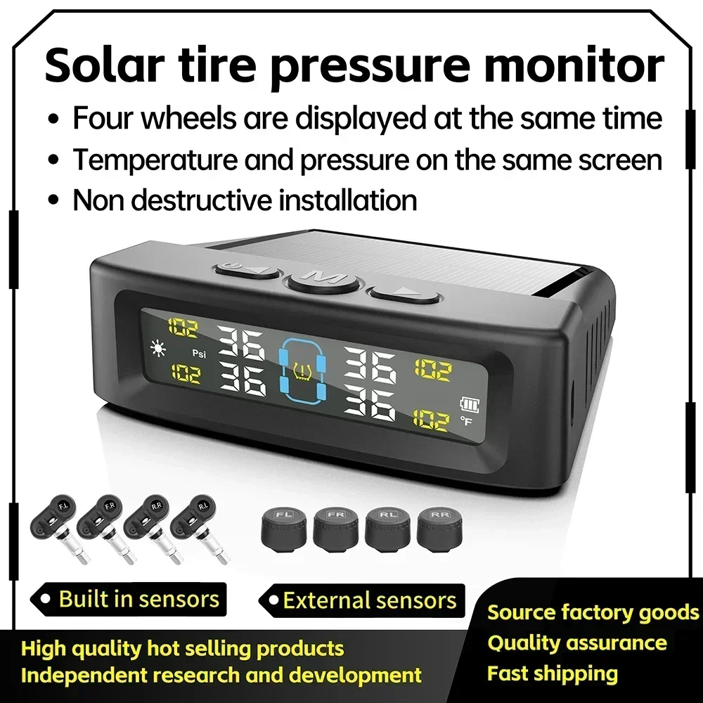 TPMS Tire Pressure Monitoring System Car Safety Alarm System Wireless Solar&USB Powered 4 Sensors with Color Digital Display car tire pressure monitor
