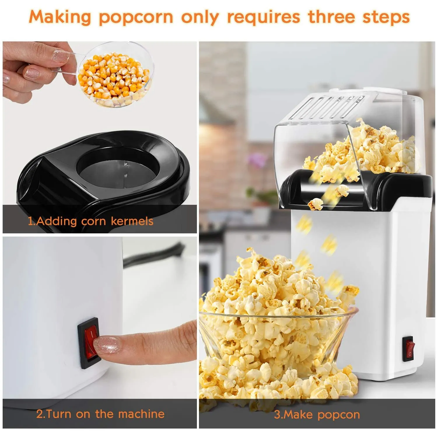 Air Popcorn Popper Maker, Electric Hot Air Popcorn Machine-1200W, Oil-Free US Plug-CKFAM