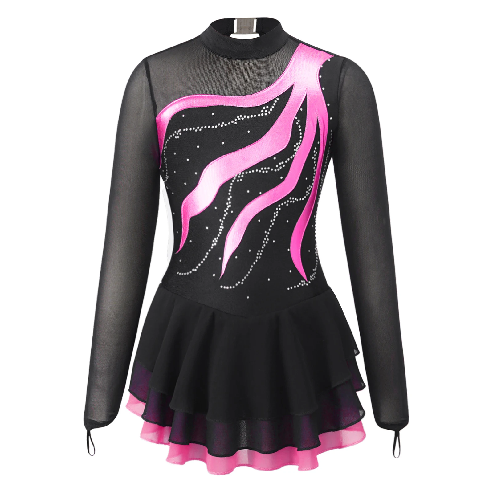 Kids Girls Rhinestone Decorated Figure Skating Dress Dancewear Long Sleeve Hollow Back Dance Dress Ballet Dance Leotards Costume