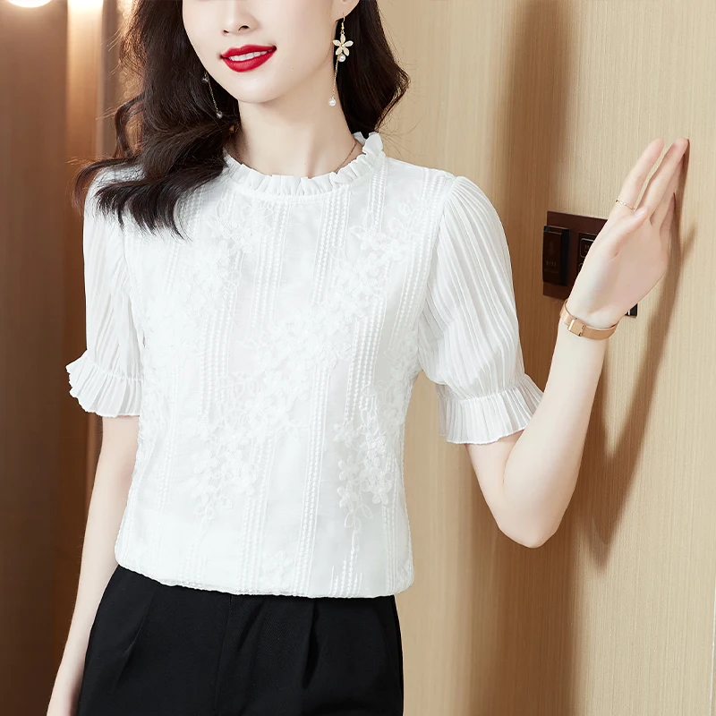 긴 소매 블라우스 여성 화이트 레이스 쉬폰 블라우스 셔츠 탑 여성 Blusas Mujer De Moda 2024 블라우스 셔츠 Blusa Camisas E159