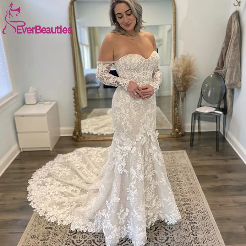 

Vestidos De Novia Boho Lace Wedding Dresses for Woman Off Shoulder Bohemian свадебное платье Long Sleeves Mermaid Wedding Gowns