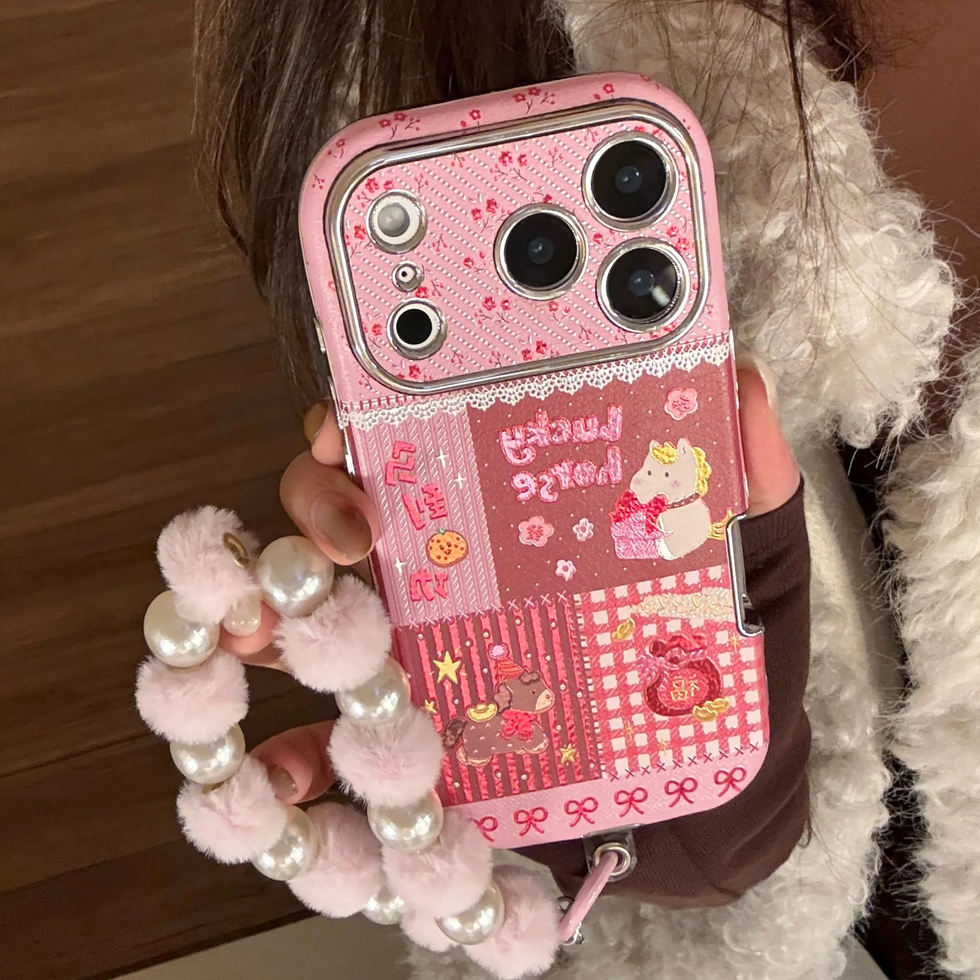 Korean Cartoon Horse Leather Texture Phone Case with Bracelet and Shockproof Cover