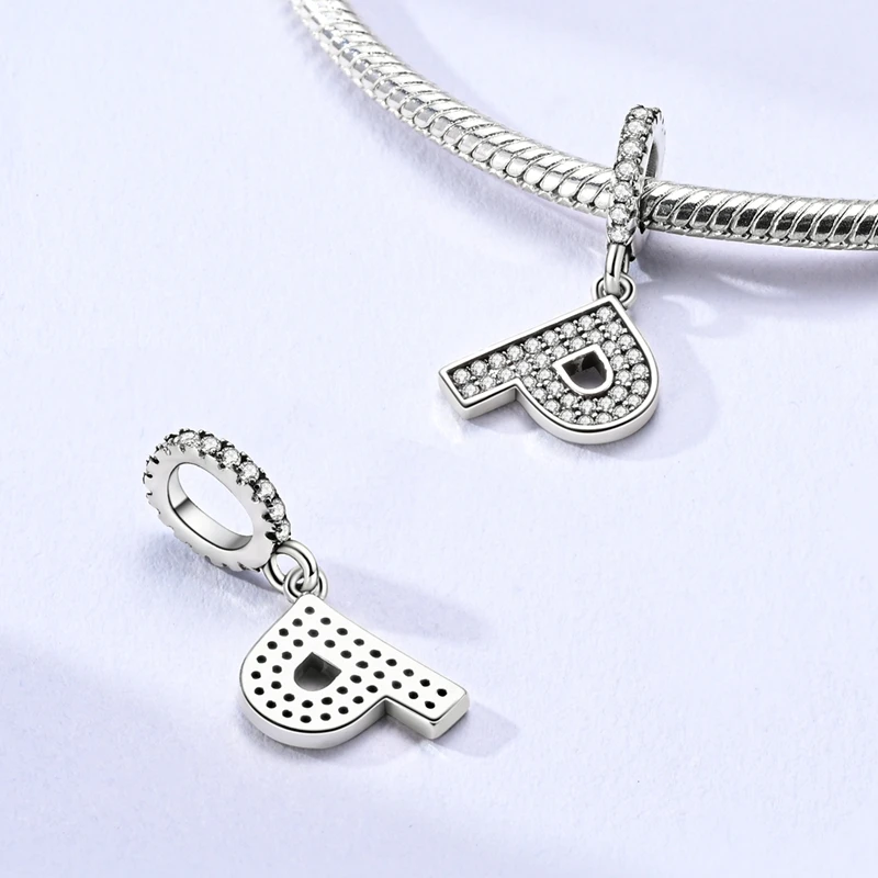 Charm-Anhänger aus 925er-Sterlingsilber, 26 Buchstaben, A-Z, Alphabet, eingelegter Zirkon, Buchstabenperle, passend für Armbänder, feiner DIY-Geburtstagsschmuck, Geschenk – Detail 17