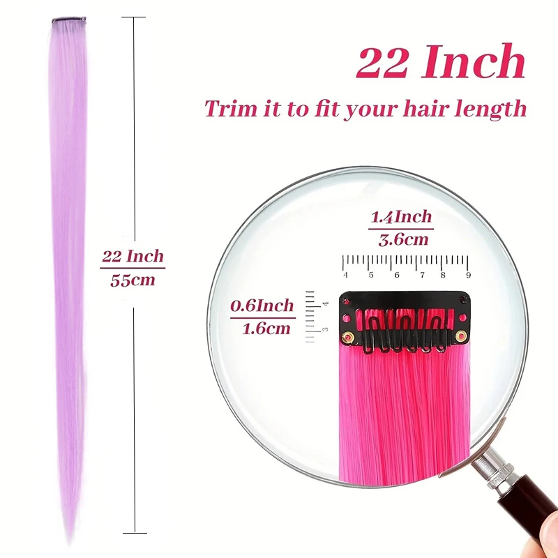 5 pieces of Colorful Clip on Synthetic Hair Extensions 22 inch Rainbow Wigs Suitable for Halloween Cosplay for Girls and Women