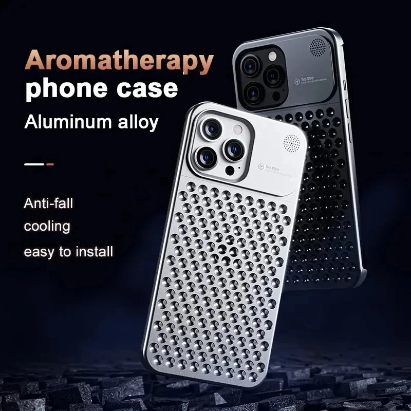 

For iPhone 13 14 15 Pro Max New Shockproof phone case Aromatherapy Metal With Cooling Holes Metal frameless Fall prevention Case