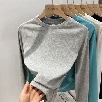 2025 الخريف الأساسية س الرقبة سليم تي شيرت المرأة الصلبة تنوعا الاتجاه رداء علوي غير رسمي مطوي الخصر Cinching كم طويل تي شيرت