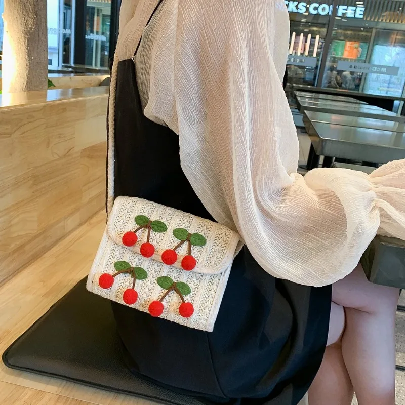 Imitation Grass Woven Small Bag Women's Cute Cherry Shoulder Bag Straw Beach Casual Handbags Girls Sweet Crossbody Bags