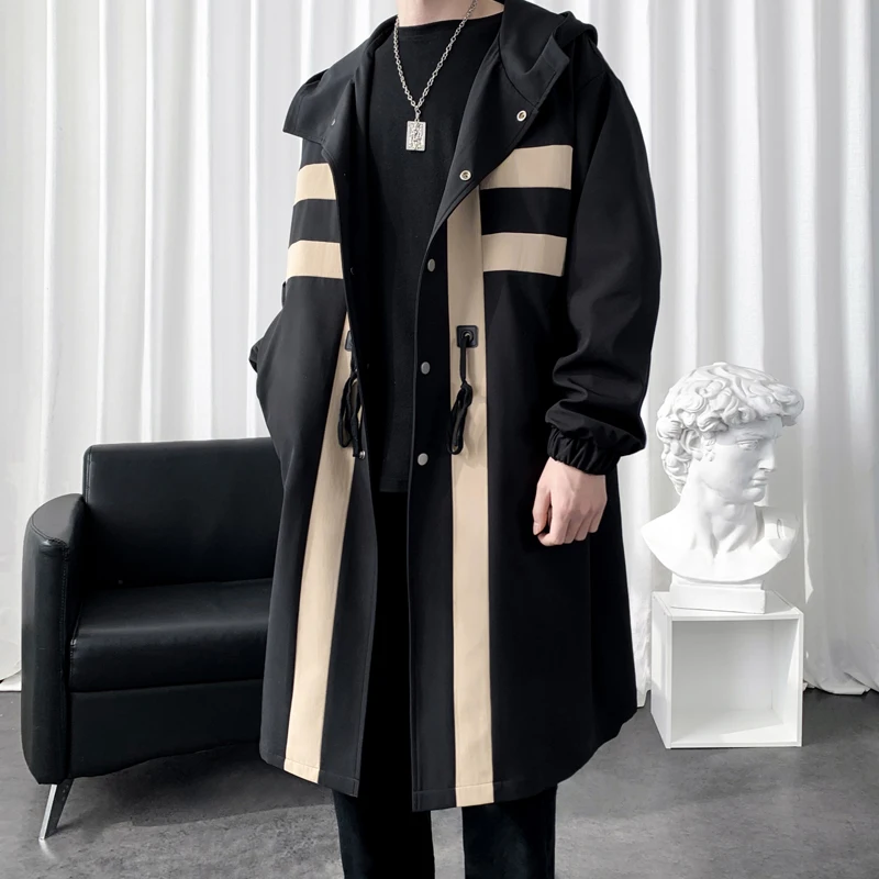 Trench coat Men's Windbreaker Patchwork Color Medium Long Trenchcoat Korean Fashion Covered Button Male Hooded Trench Jacket