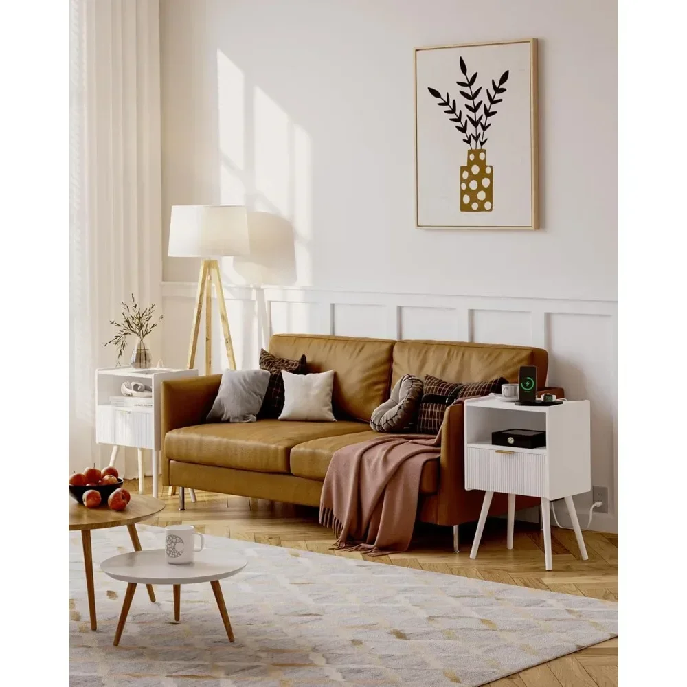 White Nightstand with Outlet,Modern Bedside Table with Storage Drawer and Open Wood Shelf, for Living Room, Bedroom and Small Sp