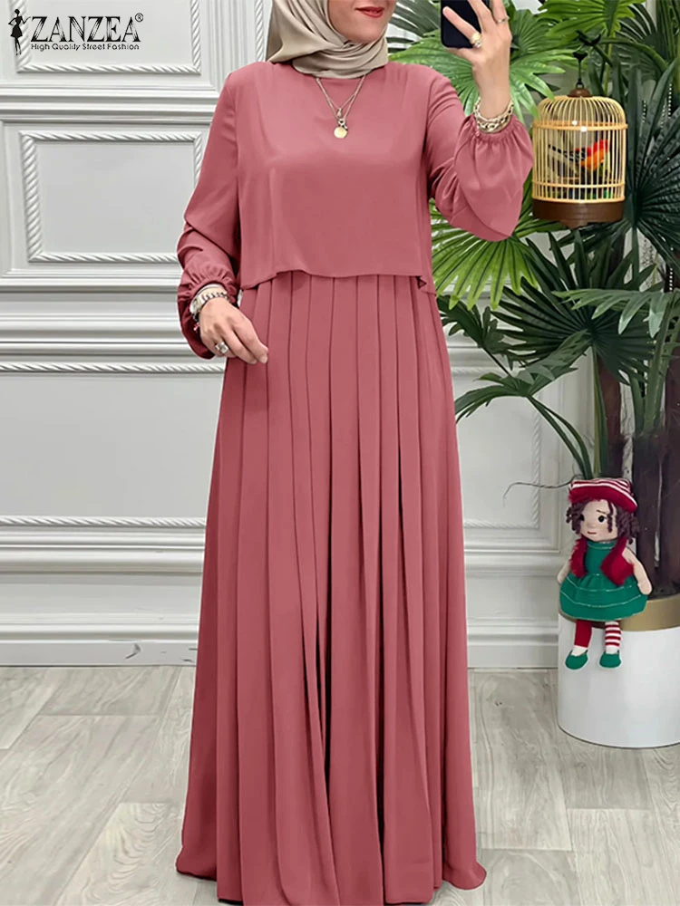 ZANZEA Women 2025 Autumn Dresses Muslim Abaya Robe Femme Fashion Long Sleeve Solid Pleated Dress Loose Kaftan IsIamic Clothing - Image 3