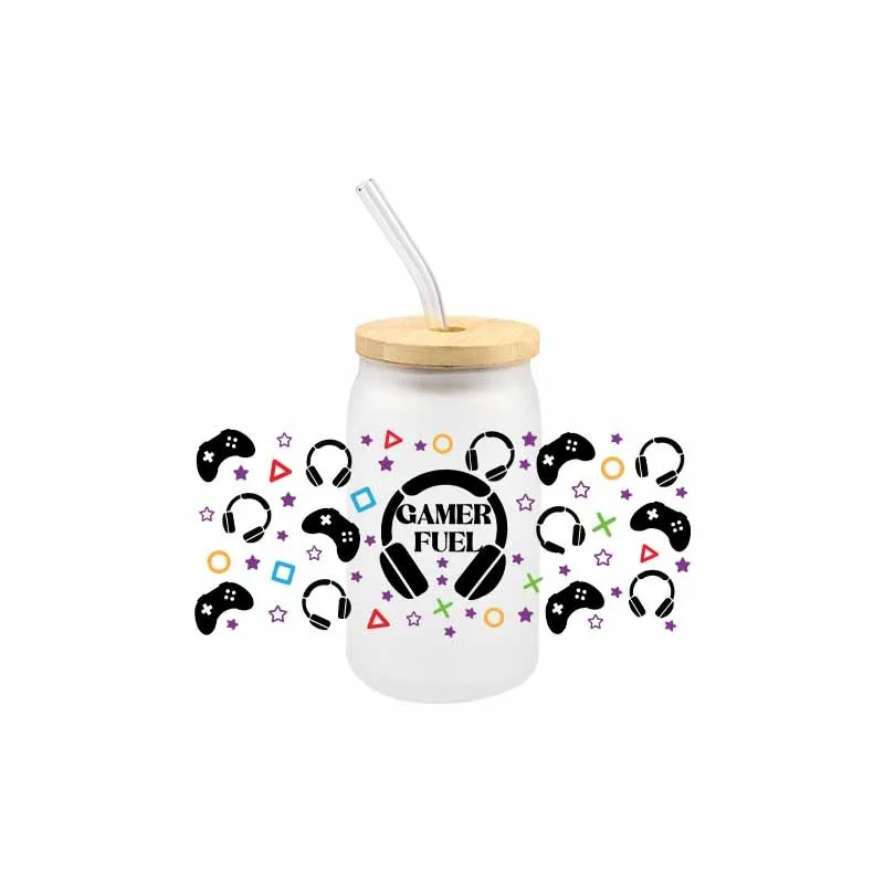 3D UV DTF Gamer Life Tarnsfer Sticker Wraps Cup 16 OZ Glass Cup High Quality Waterproof Sacrch Decals