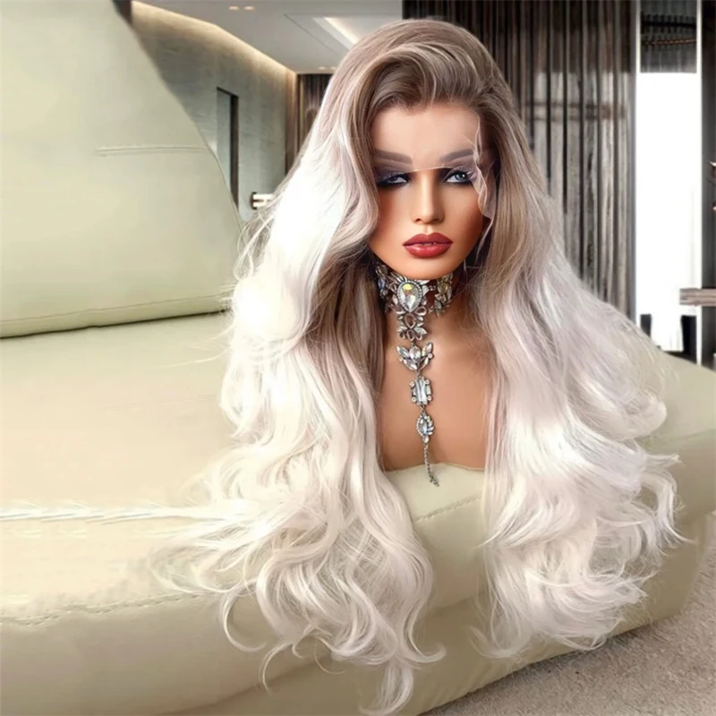Thick Full Synthetic Lace Front Wig 200% Density Natural Loose WAvy Lace Frontal Wigs High Heat Fibre Ash Brown White Blonde Wig