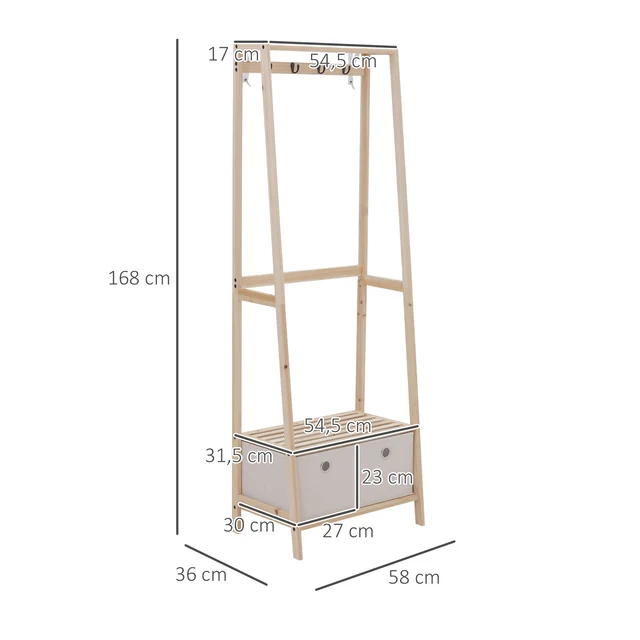 HOMCOM wooden rack with shoe rack 2 shelves 2 drawers 4 hooks for clothes 3