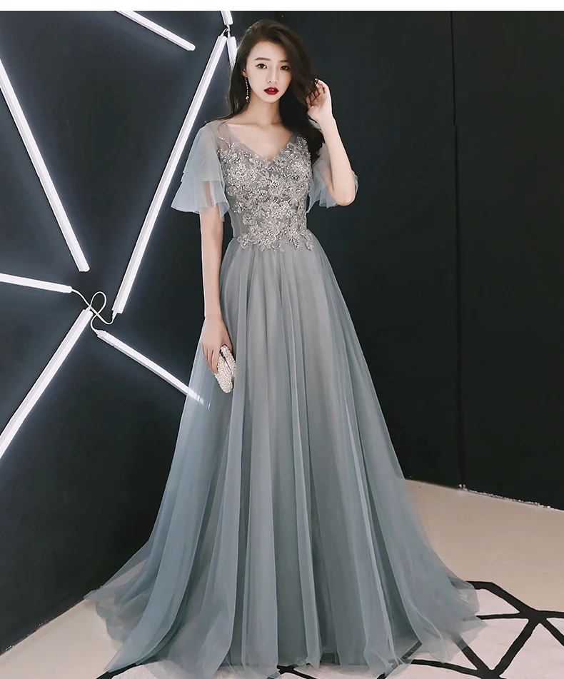 red evening dress Gray Tulle Evening Dresses With Train V-Neck A-Line Floor-Length Luxury Appliques Long Women Formal Gowns For Prom 2021 red evening gowns