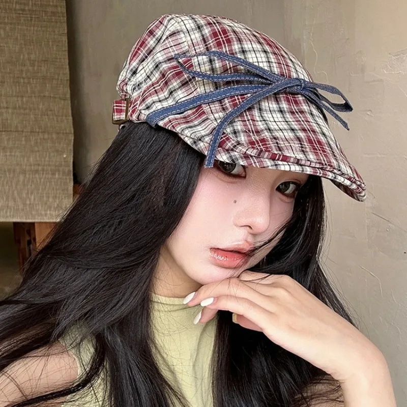 Japanese Style Plaid Cowboy Peaked Flat Cap For Women Sweet Bowknot Berets Hat Artist Duckbill Hats Spring Summer Newsboy Caps cotton newsboy cap berets hat