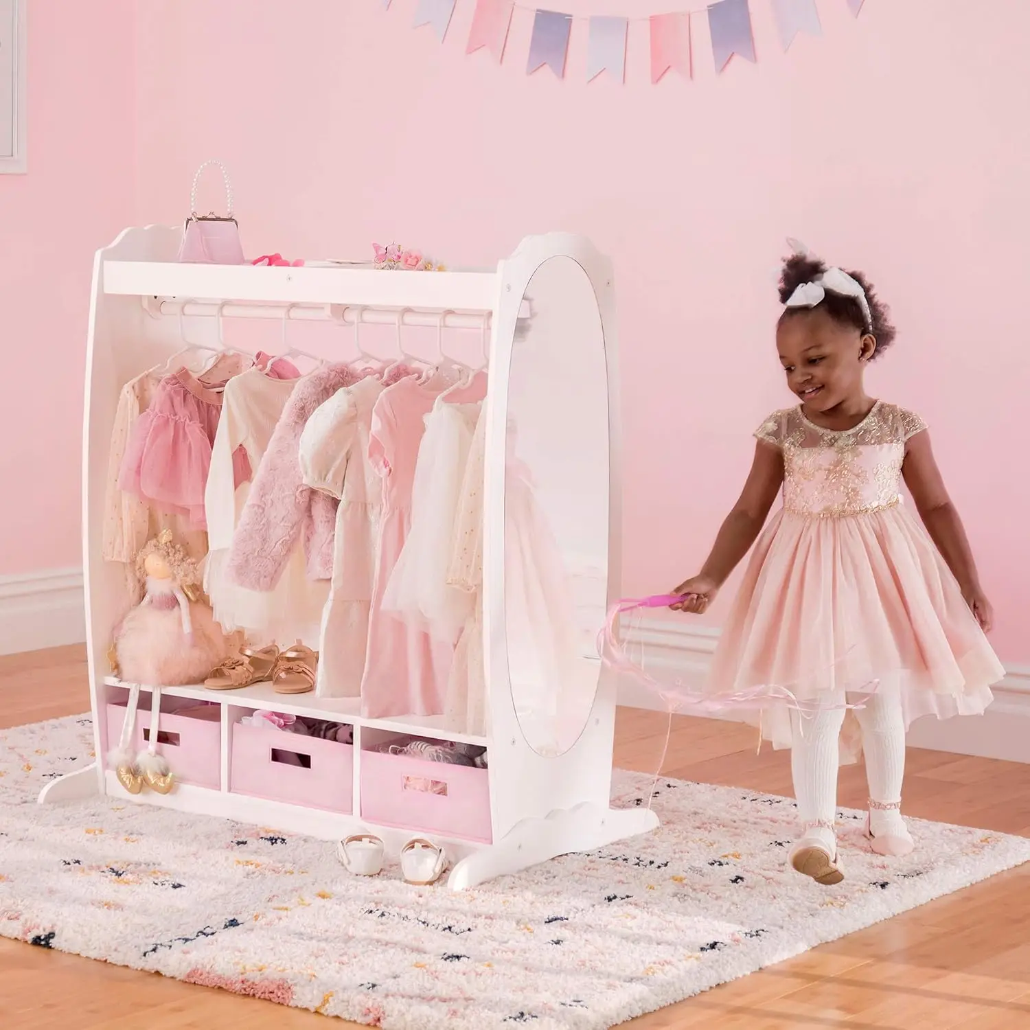 Dress Up Storage – White: Dramatic Play Costume Rack with Mirror and Tray for Toddlers - Kids Armoire, Dresser with Fabric 2
