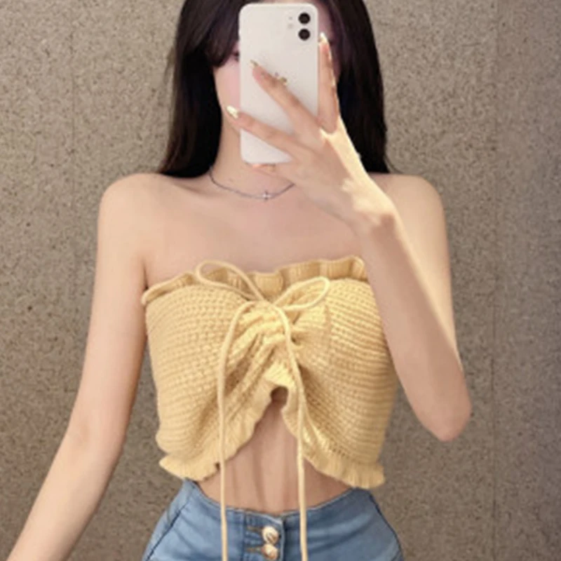 

Lace Up Ruffled Knitted Camisole Women Short Tank Top Summer Solid Square Neck Sleeveless Bow Elastic Waist Strap Top ﻿