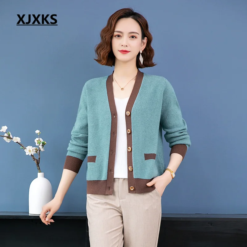 

XJXKS 2022 Autumn Winter Latest Plus Size Single Breasted V Neck Sweater Jacket High Quality Wool Knit Jaqueta Feminina Chaqueta