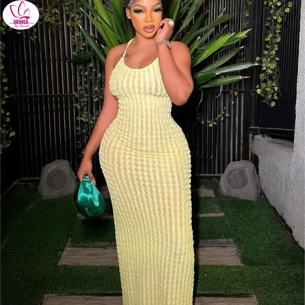 

SUSOLA Solid Ruched Spaghetti Strap Bandage Maxi Dress Women Casual Sleeveless Backless Bodycon Ladies Party Streetwear Dresses