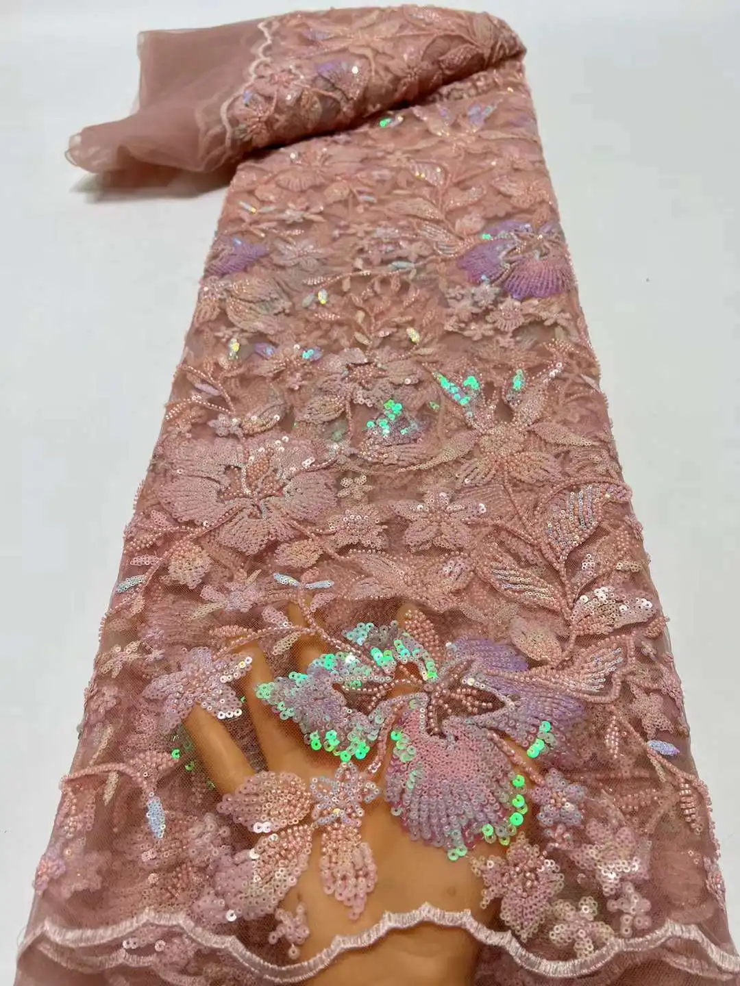 

Pretty New Design Colorful Sequins With Beads Embroidery African Lace Fabric French Tulle Net For Evening Dresses Weddings Party
