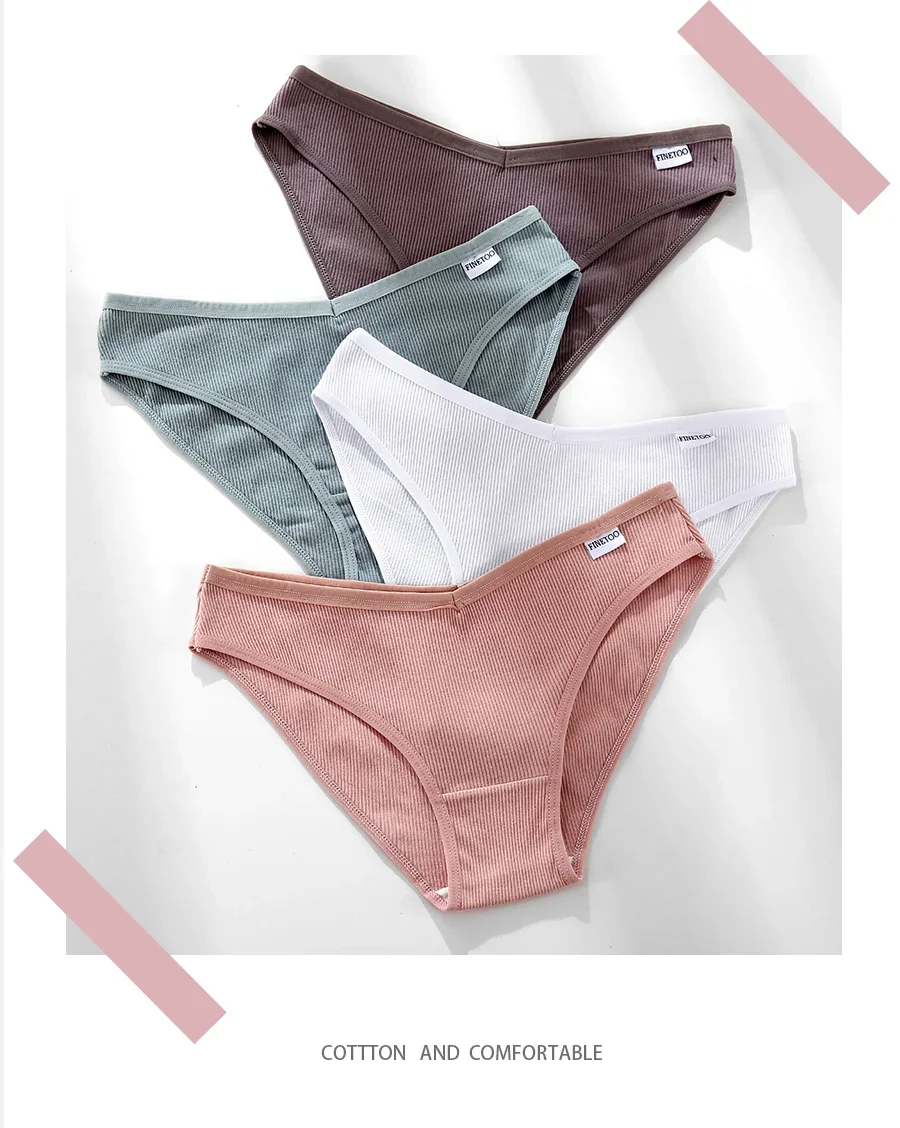3PCS Threaded cotton triangle underwear women's bikini solid color cotton crotch breathable mid waist triangle pants