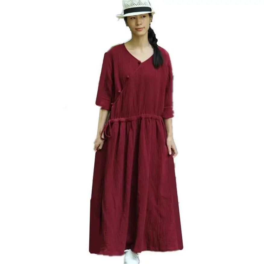 

2024 Spring New Vintage Slant Frog Buttons Dress Women Cotton Linen Solid Dress Plus Size Long Loose Robe Chic Dresses Vestidos